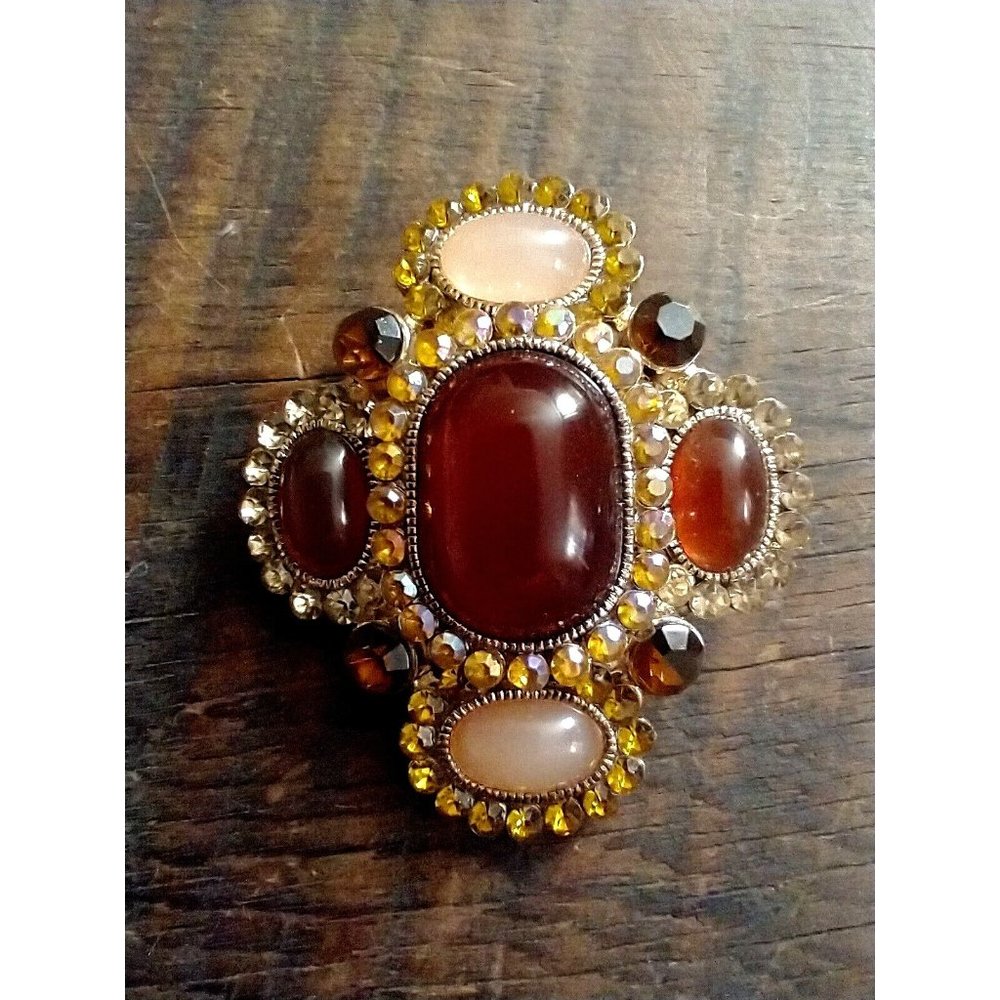 Custom Brooch Burnt Orange/Amber/Light pink faux cabochons Gold tone setting D5